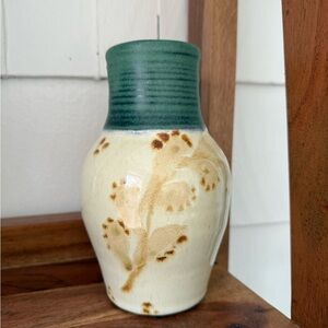 Handcrafted Ceramic Vase with Green and Cream floral Design studio pottery